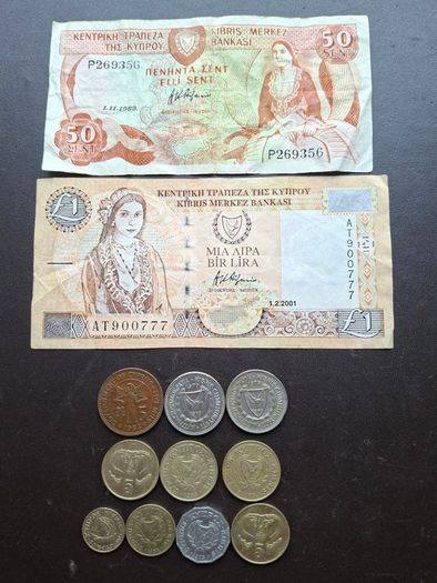 A Lot of 2 notes & 10 coins from Cyprus (1955-2001)