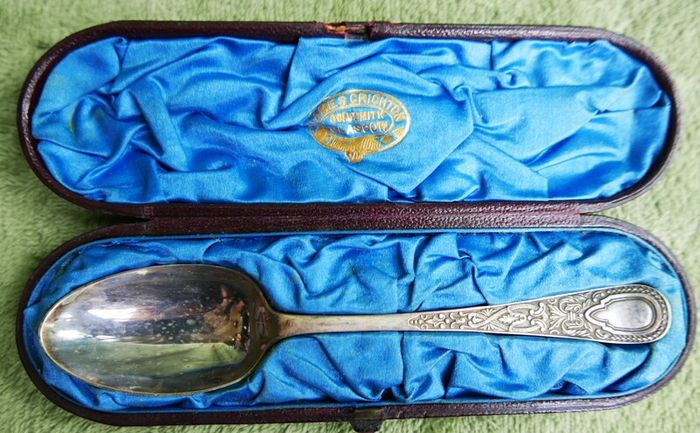 Antique Sterling Silver Christening Spoon by James Crichton & Sons of Glasgow, presented in its Original Velvet-lined Box. with original handwritten note from Glasgow dated October 4, 1886.