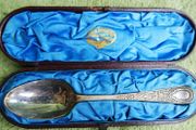 Antique Sterling Silver Christening Spoon by James Crichton &amp; Sons of Glasgow, presented in its Original Velvet-lined Box. with original handwritten note from Glasgow dated October 4, 1886.