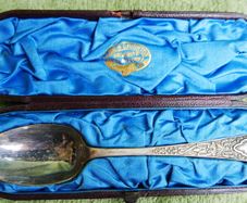 Antique Sterling Silver Christening Spoon by James Crichton & Sons of Glasgow, presented in its Original Velvet-lined Box. with original handwritten note from Glasgow dated October 4, 1886.