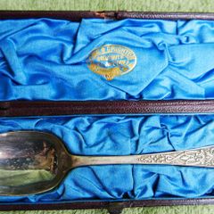 Antique Sterling Silver Christening Spoon by James Crichton & Sons of Glasgow, presented in its Original Velvet-lined Box. with original handwritten note from Glasgow dated October 4, 1886.