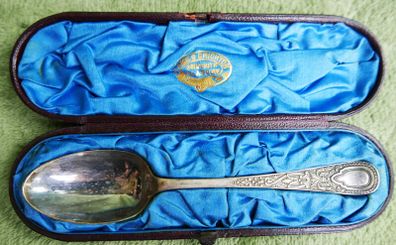 Antique Sterling Silver Christening Spoon by James Crichton & Sons of Glasgow, presented in its Original Velvet-lined Box. with original handwritten note from Glasgow dated October 4, 1886.