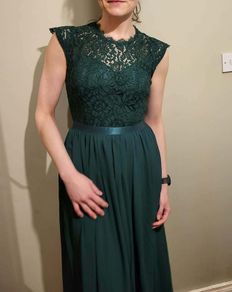 Long dark green lacy chiffon maxi dress M 10