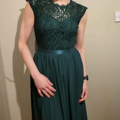 Long dark green lacy chiffon maxi dress M 10