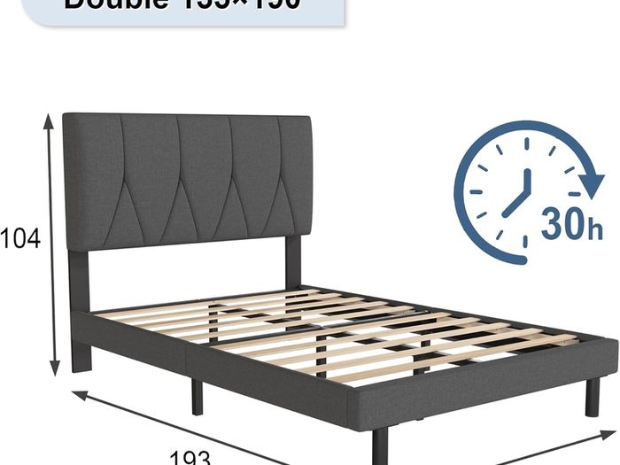 Double Bed Frame, Dark Grey, Upholstered Wooden Slat Bed Frame with Headboard, Easy Assembly, Underbed Storage, No Box Spring Needed