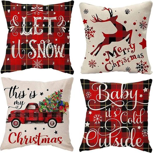 4 Pack Merry Christmas Design Cushion Covers Throw Pillow for Sofa Xmas Room Decorations 18 x 18 Cotton Linen Red Decorative Christmas Square Pillowcase Only UK Deer and Car
