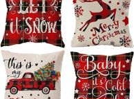 main image for ad 4 Pack Merry Christmas Design Cushion Covers Throw Pillow for Sofa Xmas Room Decorations 18 x 18 Cotton Linen Red Decorative Christmas Square Pillowcase Only UK Deer and Car