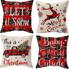 4 Pack Merry Christmas Design Cushion Covers Throw Pillow for Sofa Xmas Room Decorations 18 x 18 Cotton Linen Red Decorative Christmas Square Pillowcase Only UK Deer and Car