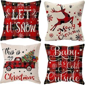 4 Pack Merry Christmas Design Cushion Covers Throw Pillow for Sofa Xmas Room Decorations 18 x 18 Cotton Linen Red Decorative Christmas Square Pillowcase Only UK Deer and Car