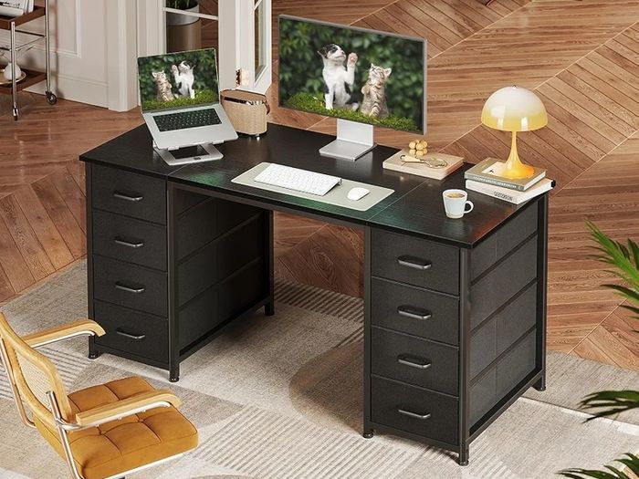 Computer Desk with 8 Fabric Drawers, Office Desk with Storage 120 x 48 cm Black Home Office Desk, PC Study Desk for Bedroom and Living Room Compact Work Table with More Storage Space