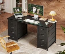 Computer Desk with 8 Fabric Drawers, Office Desk with Storage 120 x 48 cm Black Home Office Desk, PC Study Desk for Bedroom and Living Room Compact Work Table with More Storage Space