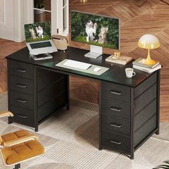 Computer Desk with 8 Fabric Drawers, Office Desk with Storage 120 x 48 cm Black Home Office Desk, PC Study Desk for Bedroom and Living Room Compact Work Table with More Storage Space