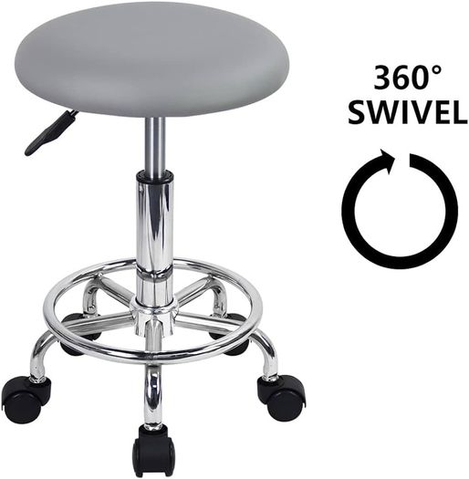 NEW SALE Swivel Rolling Stool Height Adjustable PU Leather Cushion Salon Vanity Massage Office Stool Chair Small (Gray