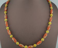 Antique Venetian Style Orange Floral & Yellow Glass Beads Necklace