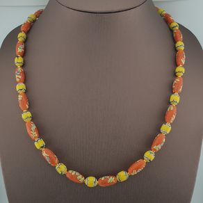 Antique Venetian Style Orange Floral & Yellow Glass Beads Necklace