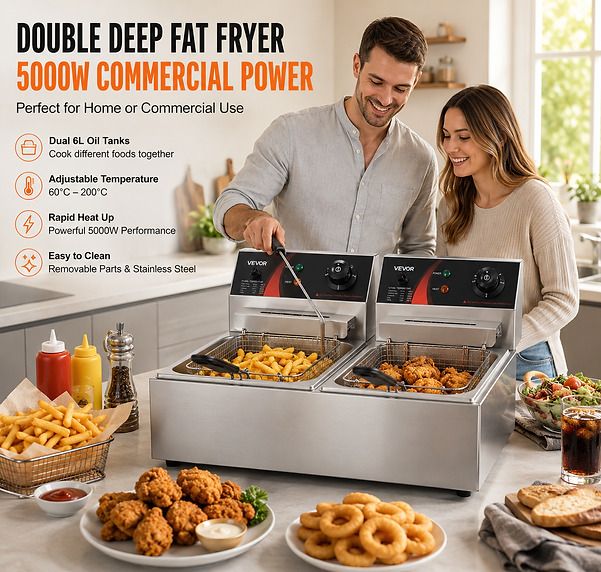 Commercial Deep Fryer 12L Electric Fryer 5000W Twin Basket YB-82 Dual Tank Electric Deep Fryer Countertop Stainless Steel French Fry for Commercial Uses
