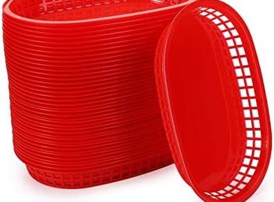 40 Pack 27 x 18 x 3.5 cm Fast Food Baskets, Red Plastic Baskets for Hot Dogs, Burgers, Sandwiches and Fries, Dishwasher safe and Microwavable