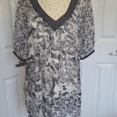 Sophia Grey Abstract Animal Print Tunic Dress Sheer Sleeve Boho UK14