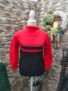 red and black long sleeve high neckline sweater