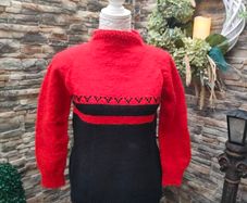 red and black long sleeve high neckline sweater