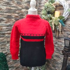 red and black long sleeve high neckline sweater