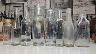 293 - Set of 8 Vintage Clear Glass Decorative Collectible Display Household Bottles