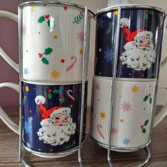 Retro Vintage Style Christmas Nesting Mugs Set in Stainless Steel Holder