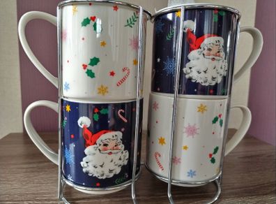 Retro Vintage Style Christmas Nesting Mugs Set in Stainless Steel Holder