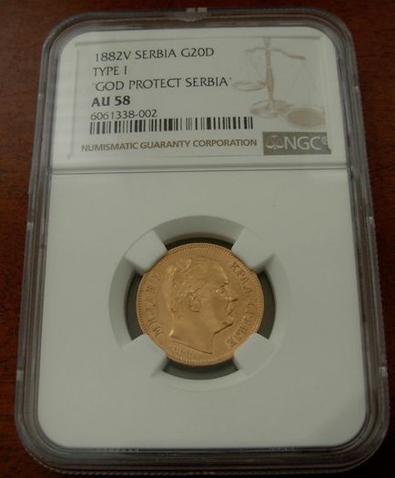 20 Dinara 1882 Gold Coin Serbia Kingdom NGC AU58 Croatia Yugoslavia Nice Grade