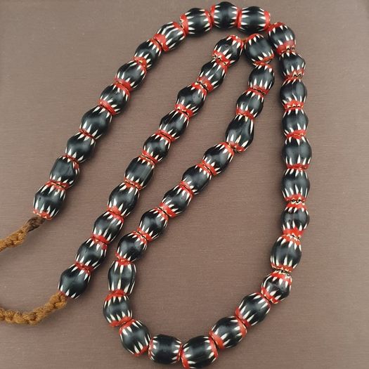 Antique Venetian Style Black Chevron Glass Beads Necklace Strand