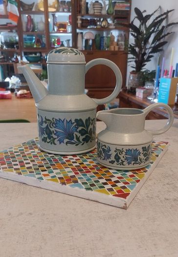 Fabulous Vintage Midwinter Stonehenge Coffee Pot and Milk Jug in the Caprice Pattern (Spanish Garden) Designed by Jessie Tate, Excellent Condition