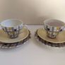 Pair of Fabulous Mid Century Modern 1950's Mix and Match Trios, in the Rare and Stunning "Manhattan" Yellow and Black Check Pattern, Paired with Woodsware "Jasmine" Utilityware saucers. Image 2