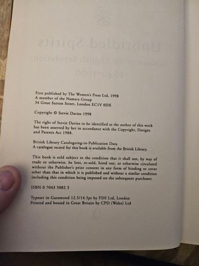 Unbridled Spirits. Women Of The English Revolution: 1640-1660. By Stevie Davies. First Edition Hardback With Dustjacket In Good Condition.  See Photos For Same .