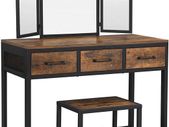 _Dressing Table, Makeup Desk with 1 Stool, Tri-Fold Mirror and 3 Drawers, Steel Frame, Industrial Design, Vintage Brown/Black