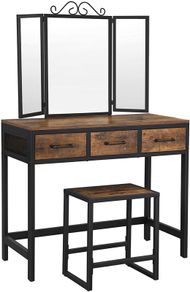 _Dressing Table, Makeup Desk with 1 Stool, Tri-Fold Mirror and 3 Drawers, Steel Frame, Industrial Design, Vintage Brown/Black