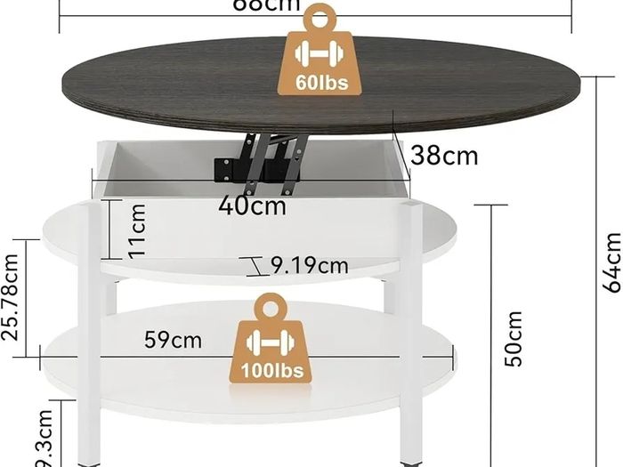 Round Lift Top Coffee Table with Storage and Hidden Compartment, 68cm Farmhouse Coffee Tables for Living Room Reception Room, 2 Tier Small Round Center Table Circle Dining Table, White