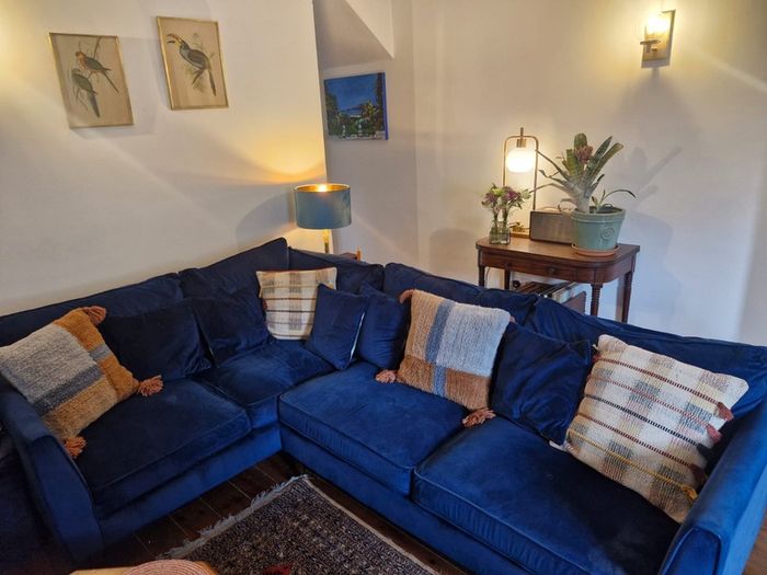 L shaped sofa/couch, blue velvet.