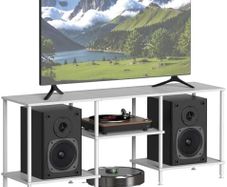 Industrial Shelf, TV Furniture Piece, 114 x 30 x 49 cm with Large Storage Space, TV Cabinet with 3 Open Shelves, for TVs up to 50 Inches, Steel Frame, for Living Room (White)