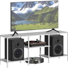 Industrial Shelf, TV Furniture Piece, 114 x 30 x 49 cm with Large Storage Space, TV Cabinet with 3 Open Shelves, for TVs up to 50 Inches, Steel Frame, for Living Room (White)