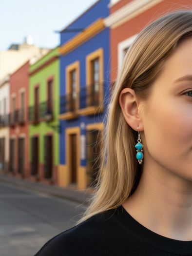 Vintage 925 Sterling Silver & Turquoise Tribal Earrings