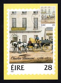1986 Ireland 28p Bicentenary of the Birth of Charles Bianconi Maximum Cards with 28p commentative tied by Baile Atha Cliath (Dublin) steele cancel