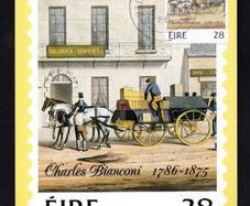 1986 Ireland 28p Bicentenary of the Birth of Charles Bianconi Maximum Cards with 28p commentative tied by Baile Atha Cliath (Dublin) steele cancel