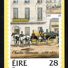 1986 Ireland 28p Bicentenary of the Birth of Charles Bianconi Maximum Cards with 28p commentative tied by Baile Atha Cliath (Dublin) steele cancel