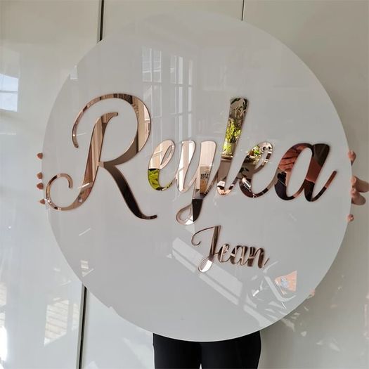 Round Acrylic Logo Sign - Mirror Gold Lettering, LED Backlit, Any Logo