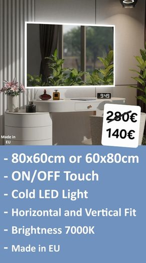 LED Bathroom Mirror Horizonatl Vertical Fit Touch Switch Bright Cold Light Vanity Makeup Cosmetic Made in EU