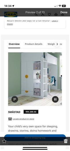 Smastad loft bed, wardrobe, drawers and desk