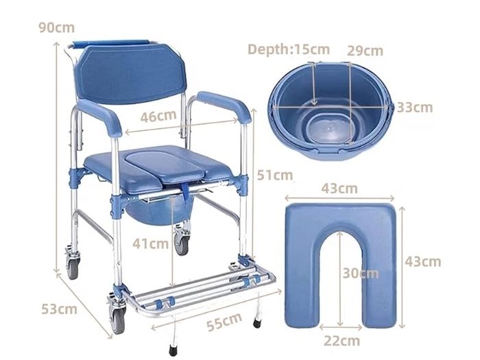 4-in-1 Wheeled Shower Chair, Bathroom Shower Chair with Wheels for Elderly, Waterproof Wheeled Commode Toilet Chair with Removable Bucket, Bedside Commode Chair on Wheels for the Disabled