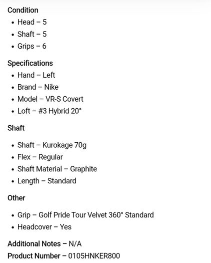 Nike VR-S Covert Hybrid / #3 20 Degree / Kurokage 70g Regular / Left Hand