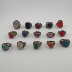 Antique Rings Lot 15 Mixed Brass, Stone & Glass Rings