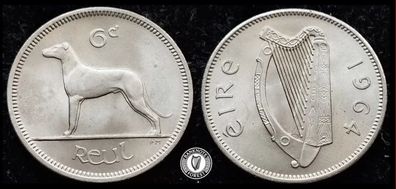 [#429] - Ireland 1964 | Irish 6p | 6 Pence | Wolfhound | KM.13a | UNC